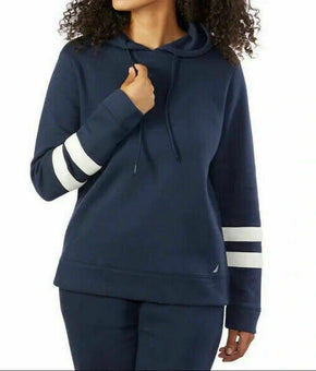 Nautica Womens Fleece Lined Pullover Sweater Hoodie Navy Blue Size L