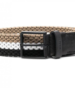 Hugo Boss Stripe Leather Trim Miscellaneous Woven Belt Beige Black Size 34 $80