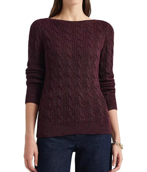 Ralph Lauren Women's Purple Lurex Metallic Cable Knit Boat-Neck Sweater Size L