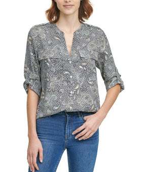 Calvin Klein Women Paisley Printed Roll-Tab Shirt Sage Black Multicolor Size XS