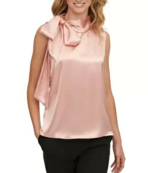 DKNY Women Tie-Neck Sleeveless Top Satin Pink Blush Size XS