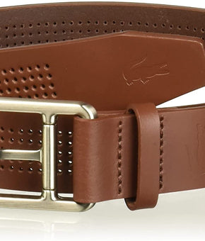 Lacoste Mens Perforated Leather Belt W/Roller Buckle 34 Brandy