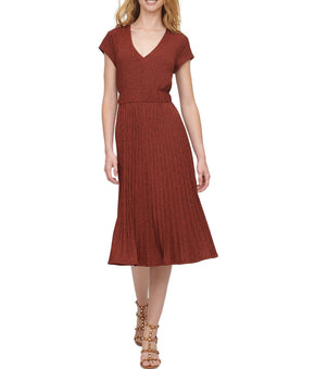 DKNY Textured Midi V-Neck Knit Dress Womens Brown Size S MSRP $115