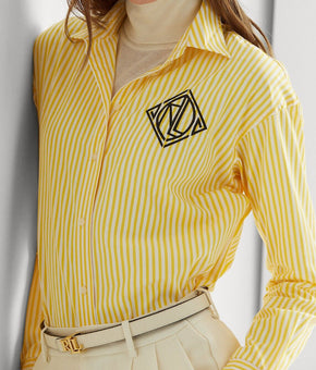 LAUREN Ralph Lauren Striped Logo Cotton Broadcloth Shirt Yellow Size XS MSRP $90