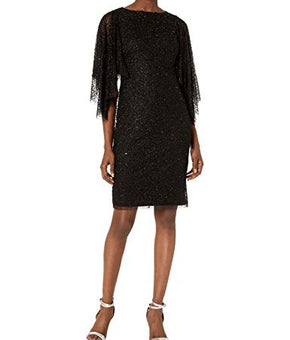 Adrianna Papell Women's Beaded Flutter Sleeve Sheath Dress, Black, 2