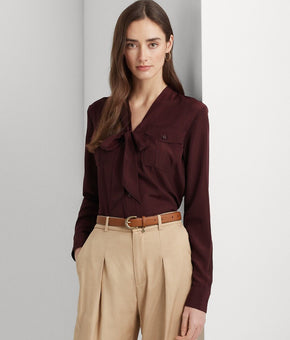 LAUREN Ralph Lauren Crepe Tie-Neck Shirt (Red Burgundy) Womens Size XL MSRP $125