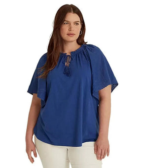Lauren Ralph Lauren Eyelet Jersey Flutter-Sleeve Top Blue Plus Size 3X MSRP $125