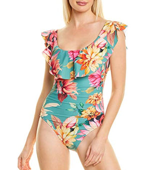 La Blanca Women's Standard Off Shoulder Ruffle One Piece Swimsuit Green, Size 14