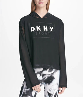 DKNY Womens Sport Logo Mesh-Overlay Hoodie black Size S MSRP $60