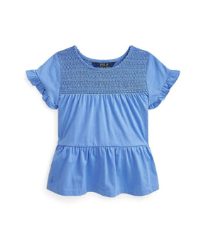 POLO RALPH LAUREN Toddler Girls Smocked Tiered Jersey Top Blue Size S (7) $50