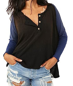 Free People Women Grand Slam Cotton Colorblocked T-Shirt Black Combo Size S