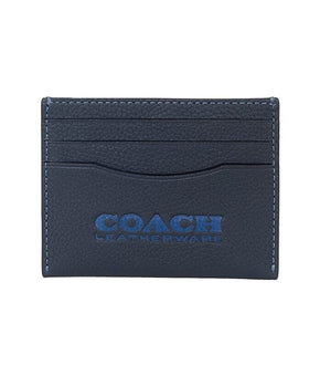 COACH Flat Card Case in Pebble Leather with Coach Leatherware Branding Navy Blue