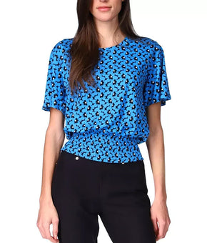 Michael Michael Kors Printed Smocked-Waist Top Blue SIze XS