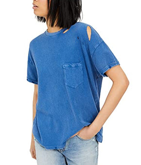 We The Free Womens Blue Cut Out Distressed Short Sleeve Crew Neck T-Shirt Size S