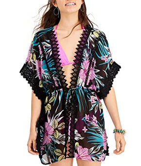 Miken Juniors' Lace-Inset Tie-Front Kimono Cover-up, Created for Macy's Women's Swimsuit - Tropical Multi M