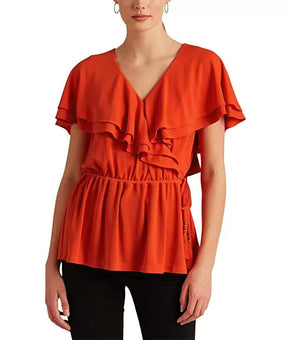 LAUREN Ralph Lauren Ruffle-Trim Surplice Jersey Top Orange Red Size XL MSRP $125