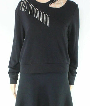 INC Women's Sweatshirt Deep Black Size XS Embellished Cutout Pullover MSRP $70
