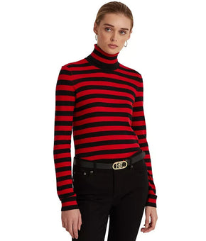Lauren Ralph Lauren Striped Silk-Blend Turtleneck Black Red Size M MSRP $90
