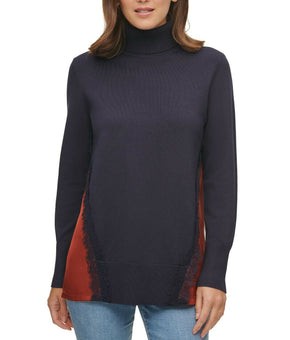 DKNY Women Mixed-Media Turtleneck Sweater Dark Navy Blue Camel Brown Size XS