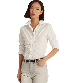 LAUREN RALPH LAUREN Shirred Stretch Cotton Shirt White Size S White MSRP $90