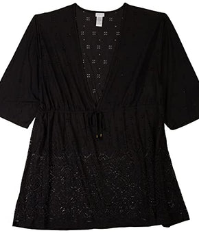 Wearabouts Plus Gypsy Eyelet Tie-Front Tunic Coverup Size 3X Black
