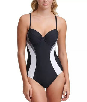 DKNY Black, Colorblocked Tummy-Control Underwire One-Piece Swimsuit, US Size 4