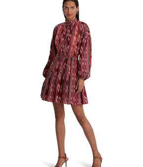LAUREN Ralph Lauren Geo-Stripe Belted Cotton Voile Dress Red Pink Size 14 $195
