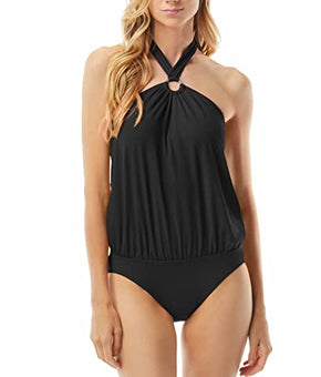 Michael Kors Iconic Ring Trim Halter Blouson One-Piece Wire Black Size 12