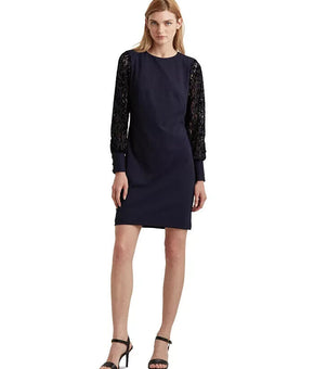 LAUREN Ralph Lauren Jersey Lace-Sleeve Dress Navy Blue Size 2 MSRP $155