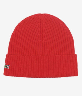 Lacoste Mens Ribbed-Knit Wool Beanie Red OS MSRP $45
