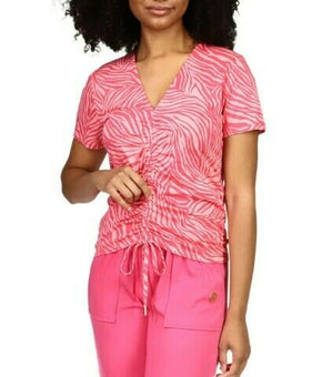 Michael Kors Zebra-Print Drawstring T-Shirt Pink Size S MSRP $68