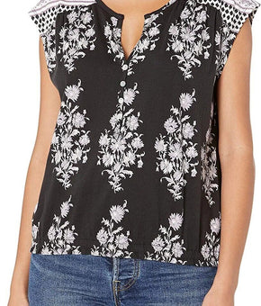 Lucky Brand womens Button Neck Mixed Print Top Blouse Black Size M MSRP $60