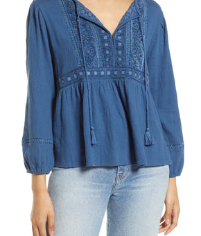 Lucky Brand Embellished Textured Peasant Blouse Blue Size XS MSRP $70