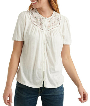 Lucky Brand Women Eyelet-Contrast Top Ivory White Size S