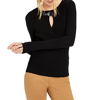 INC Womens Ribbed Keyhole Pullover Sweater Black S