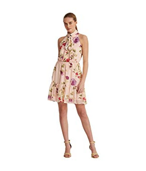 Lauren Ralph Lauren Women's Floral Chiffon Sleeveless Dress (14, Pink/Sage Multi)