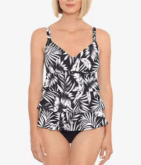 Swim Solutions FEATHER BLOOM Black,/WHITE Triple-Tier One-Piece Swimsuit Size 10