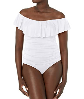 La Blanca Island Goddess Off Shoulder Ruffle One Piece Swimsuit,White Size 6