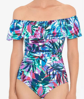 Swim Solutions NEW PRISM MULTI Off-the-Shoulder One-Piece Swimsuit, Size 14 Blue