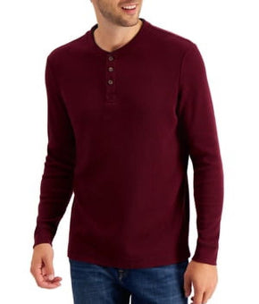 Club Room Mens Thermal Henley Shirt in Red Plum-Size M