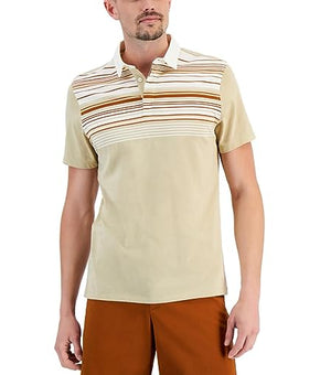 Alfani Mens Striped Collar Polo Shirt Tan Beige Size M