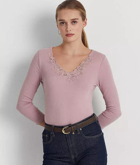 LAUREN RALPH LAUREN Women's Lace-Trim Stretch Cotton Top Pink Size S MSRP $100
