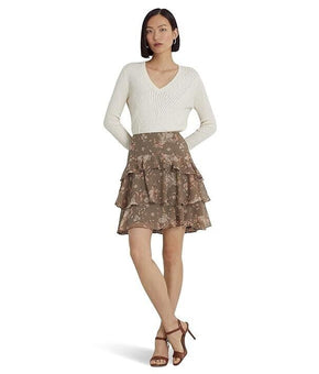 LAUREN Ralph Lauren Floral Crinkle Georgette Tiered Skirt Green Wom Size 16 $145