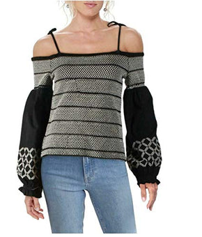 INC Womens Smocked Embroidered Pullover Top Black-Ivory L