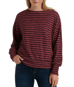 Lucky Brand Women Striped Smocked-Cuff Sweatshirt Wine Red Size S