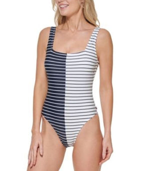 Tommy Hilfiger Women's Split Striped Tank One Piece Swimsuit Blue Size 12