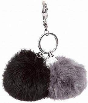 Rebecca Minkoff Black Gray Double Rabbit Fur Pom-Pom Handbag Charm
