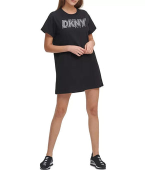 Dkny Sport Cotton Rhinestone Logo T-Shirt Dress Black Size XL MSRP $60