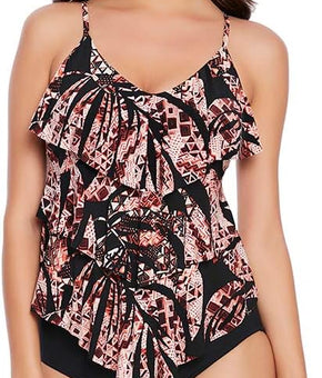 MagicSuit Women's Swimwear Urban Safari Rita Ruffle Tankini Top, Black/Multi, 12