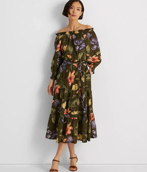 LAUREN RALPH LAUREN Floral Cotton Voile Off-Shoulder Dress Green Size 4 $185